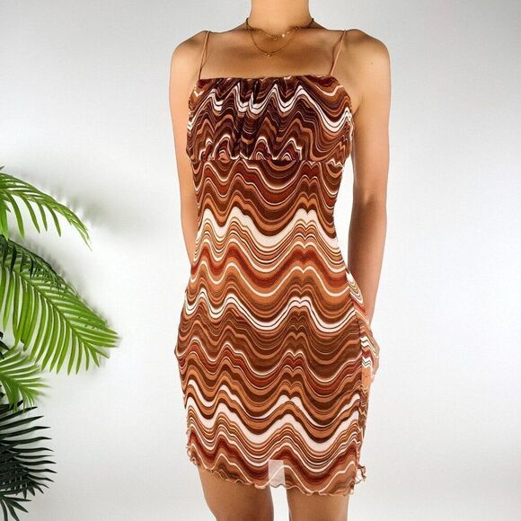 Vintage Y2K Brown 70s Style Retro Wavy Bohemian Hippie Groovy Mini Dress / S - Picture 4 of 5